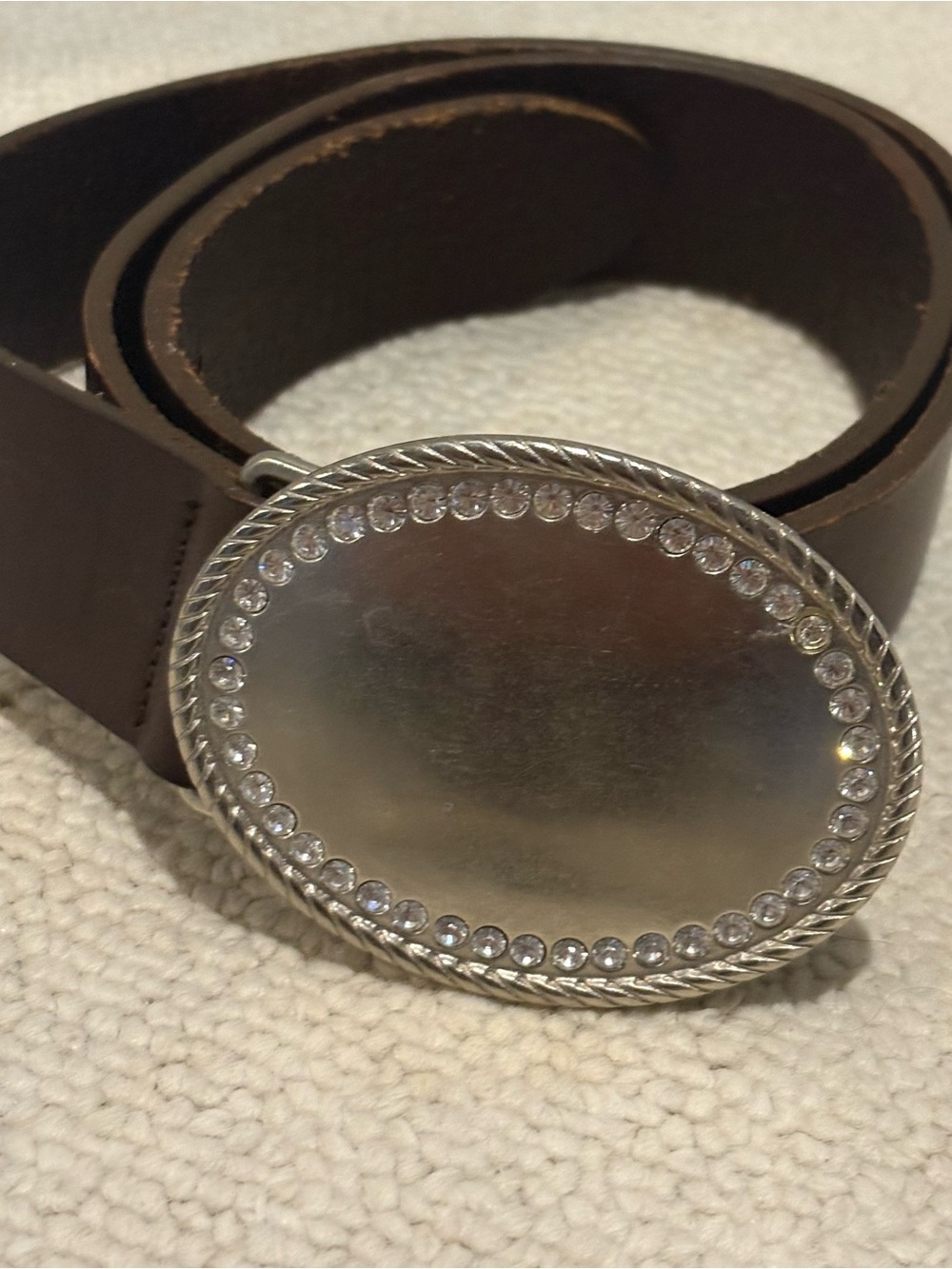 Women’s Brown Leather Belt w Silver Crystal Oval Oversized Buckle